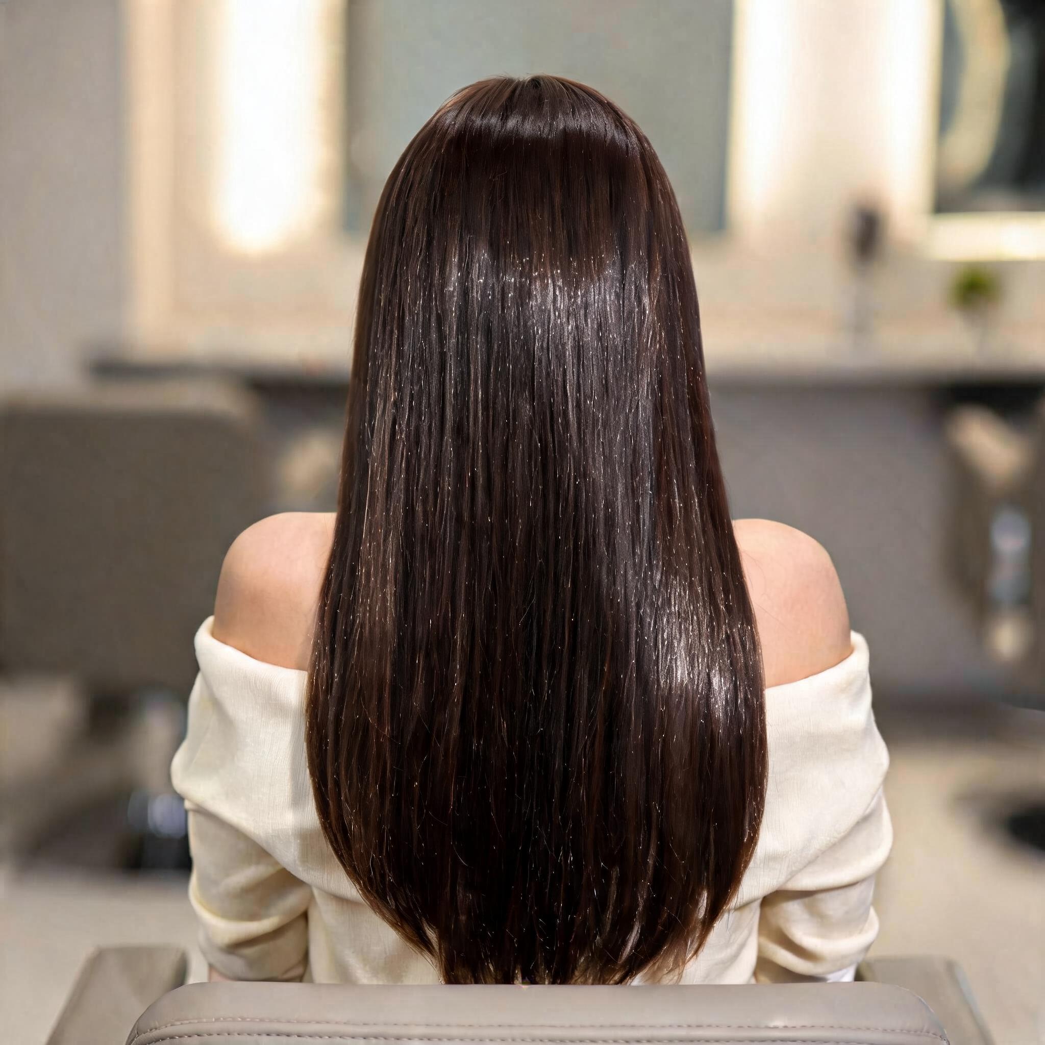 Back view of a person in a salon with long, straight, very shiny dark brown hair.